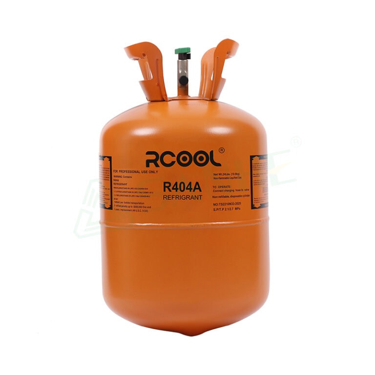 Orange R404A refrigerant gas cylinder with safety valves and label for HVAC systems.